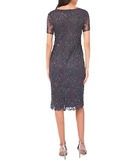 Pisarro Nights Boat Neck Short Sleeve Beaded Sheath Knee Length Dress