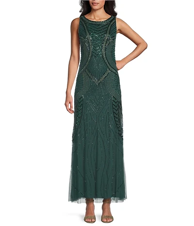 Pisarro Nights Boat Neck Sleeveless Beaded Mesh Column Gown