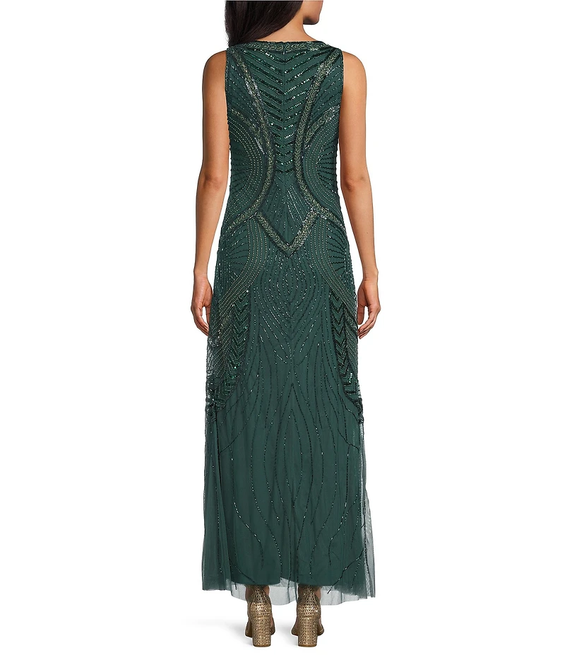Pisarro Nights Boat Neck Sleeveless Beaded Mesh Column Gown