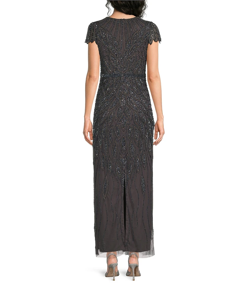 Pisarro Nights Cap Sleeve Beaded Illusion Neck Dress