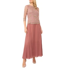 Pisarro Nights Crew Neck 3/4 Sleeve Beaded Bodice A-Line Gown