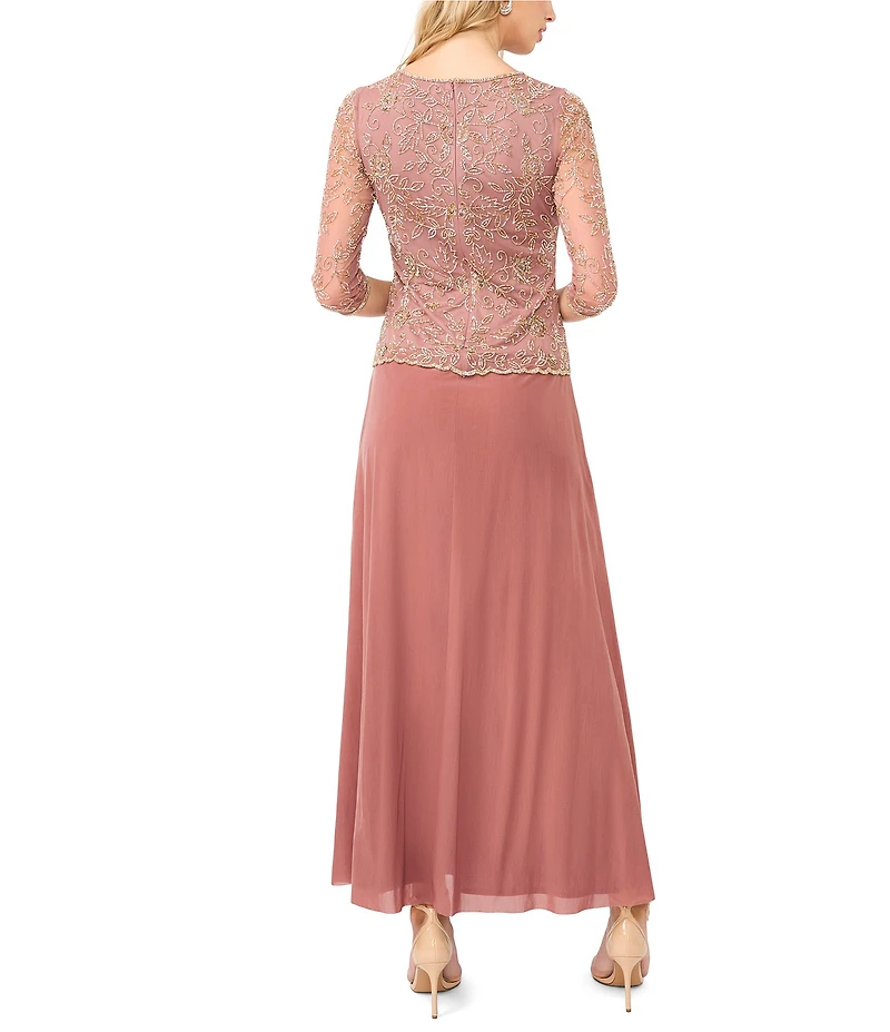 Pisarro Nights Crew Neck 3/4 Sleeve Beaded Bodice A-Line Gown