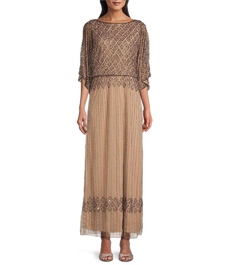 Pisarro Nights Diamond Bead Pattern Boat Neck 3/4 Split Sleeve Blouson Gown