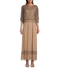 Pisarro Nights Diamond Bead Pattern Boat Neck 3/4 Split Sleeve Blouson Gown