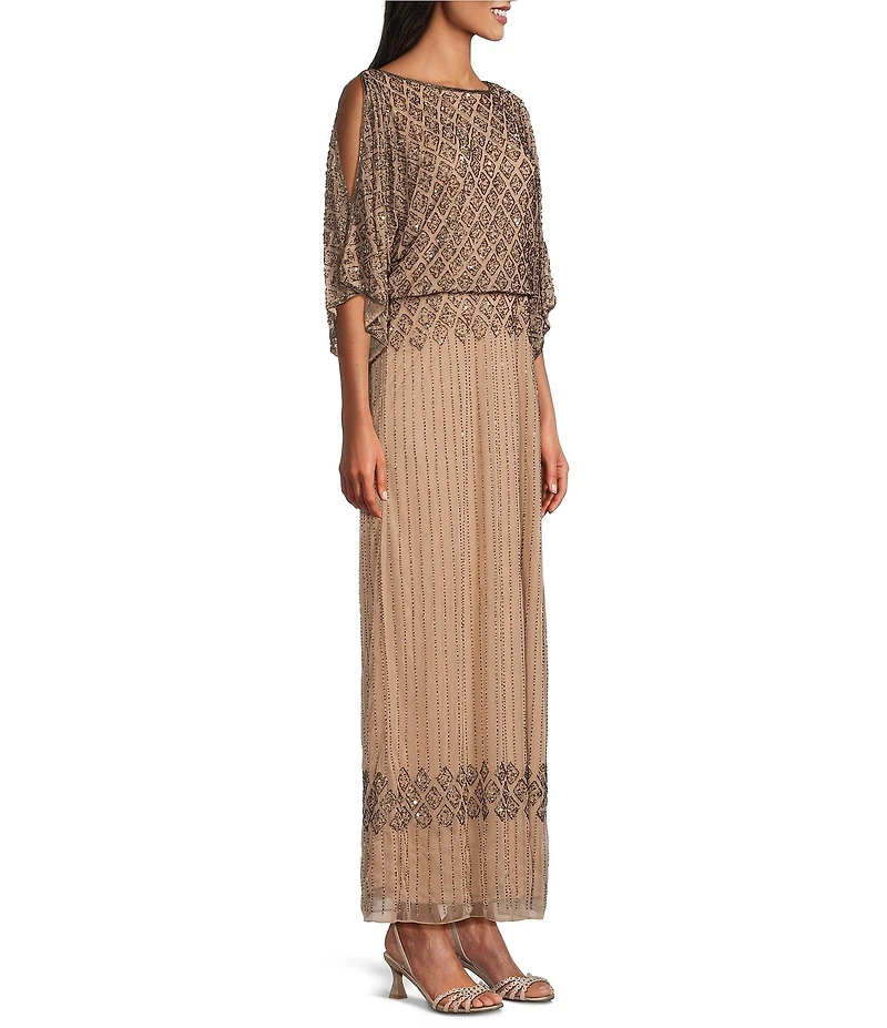 Pisarro Nights Diamond Bead Pattern Boat Neck 3/4 Split Sleeve Blouson Gown