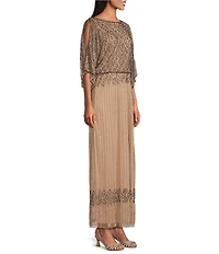Pisarro Nights Diamond Bead Pattern Boat Neck 3/4 Split Sleeve Blouson Gown