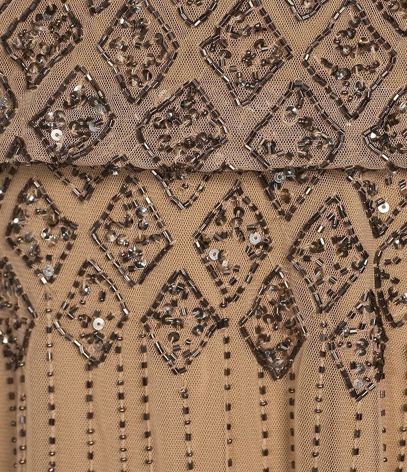 Pisarro Nights Diamond Bead Pattern Boat Neck 3/4 Split Sleeve Blouson Gown