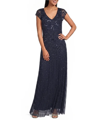 Pisarro Nights Double V-Neck Cap Sleeve Bead Drop Waist Mesh A-Line Gown