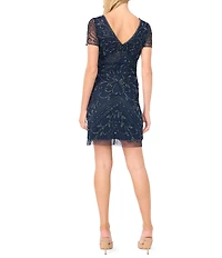 Pisarro Nights Double V Neck Short Sleeve Beaded Mesh Sheath Dress