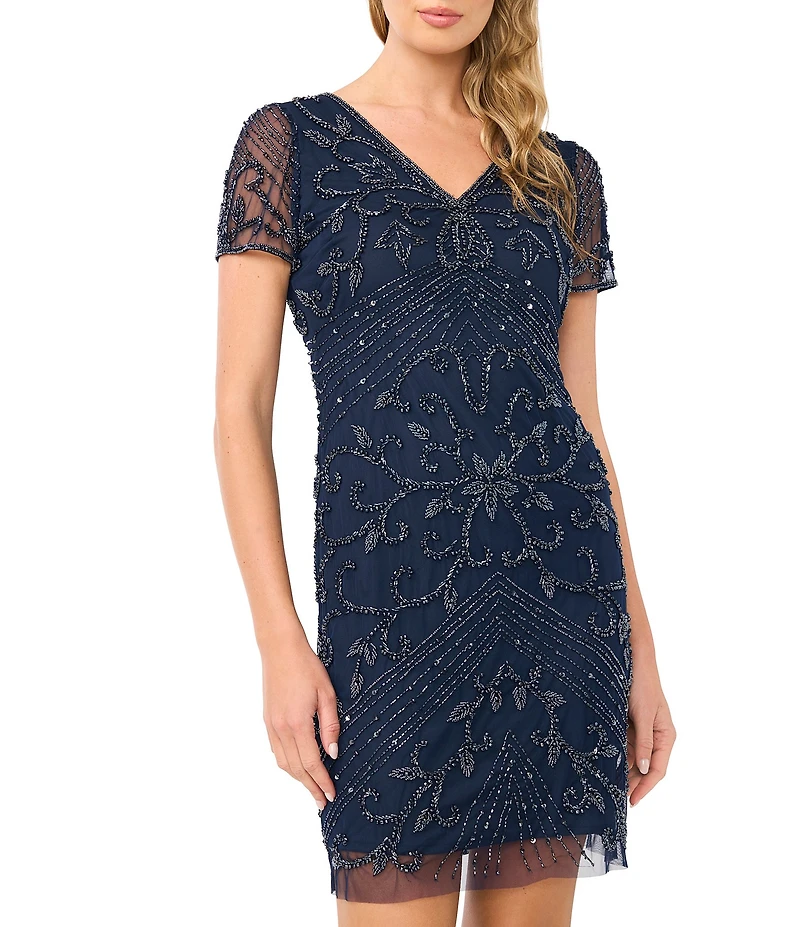 Pisarro Nights Double V Neck Short Sleeve Beaded Mesh Sheath Dress