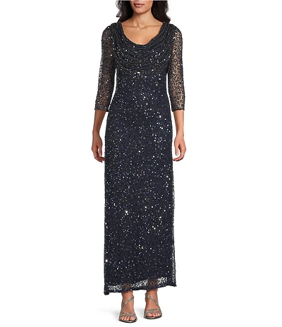 Pisarro Nights Draped Neck 3/4 Sleeve Beaded Mesh Column Gown