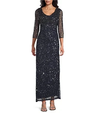 Pisarro Nights Draped Neck 3/4 Sleeve Beaded Mesh Column Gown
