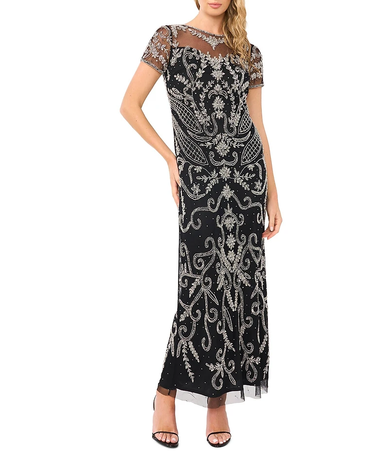 Pisarro Nights Illusion Neck Short Sleeve Beaded Mesh Column Dress