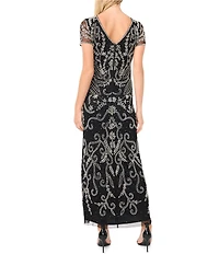 Pisarro Nights Illusion Neck Short Sleeve Beaded Mesh Column Dress