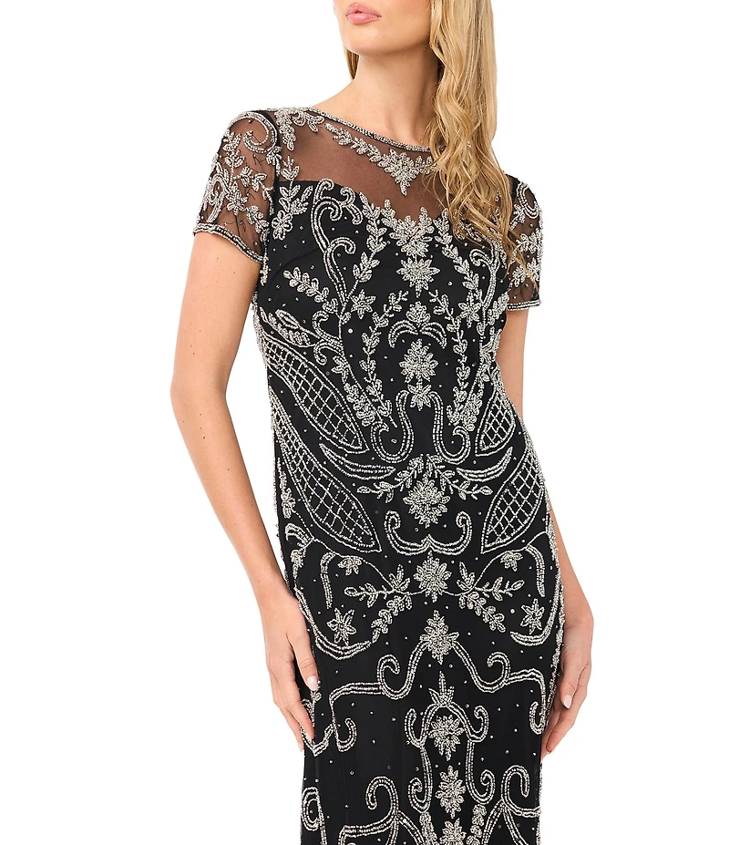 Pisarro Nights Illusion Neck Short Sleeve Beaded Mesh Column Dress