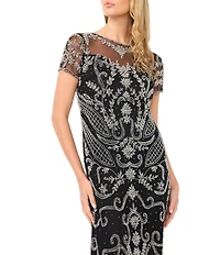 Pisarro Nights Illusion Neck Short Sleeve Beaded Mesh Column Dress