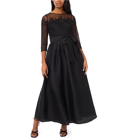 Pisarro Nights Illusion Sleeve Beaded Top With Taffeta Skirt Dress