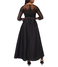 Pisarro Nights Illusion Sleeve Beaded Top With Taffeta Skirt Dress