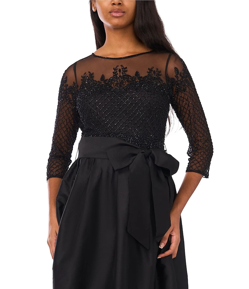 Pisarro Nights Illusion Sleeve Beaded Top With Taffeta Skirt Dress
