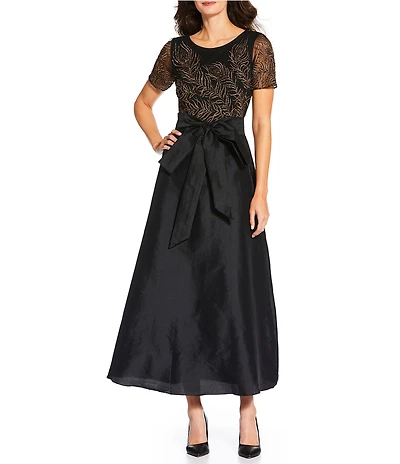 Pisarro Nights Mesh Beaded Crew Neck Short Sleeve Belted Bow Gown