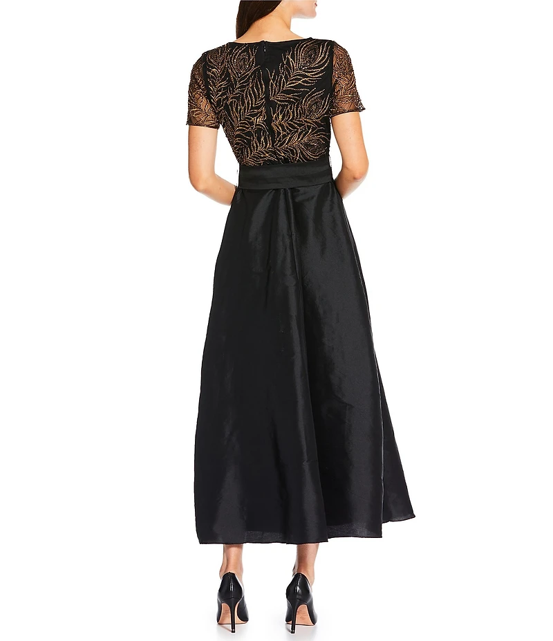 Pisarro Nights Mesh Beaded Crew Neck Short Sleeve Belted Bow Gown