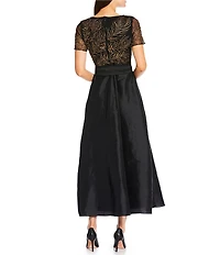 Pisarro Nights Mesh Beaded Crew Neck Short Sleeve Belted Bow Gown
