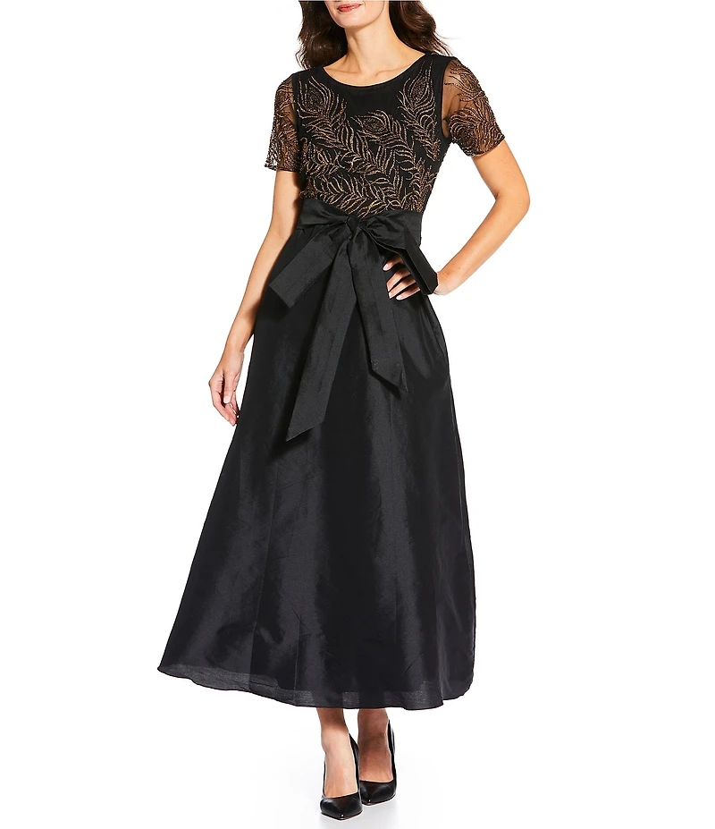 Pisarro Nights Mesh Beaded Crew Neck Short Sleeve Belted Bow Gown