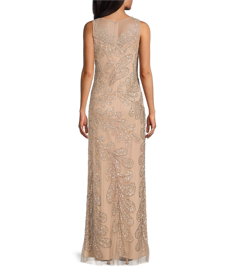 Pisarro Nights Mesh Beaded Floral Print Crew Neck Sleeveless Sheath Gown
