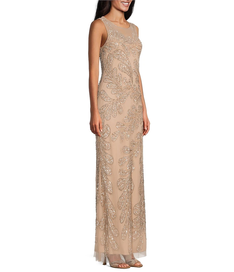 Pisarro Nights Mesh Beaded Floral Print Crew Neck Sleeveless Sheath Gown