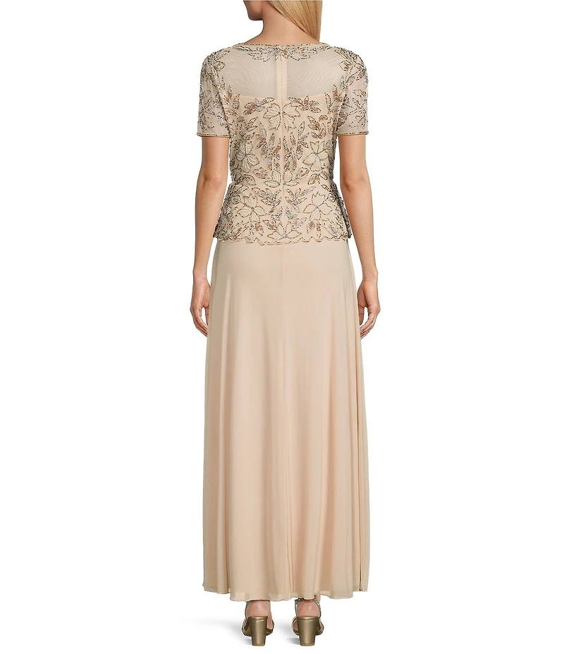 Pisarro Nights Mesh Crew Illusion Neckline Short Sleeve Beaded Bodice Chiffon Dress