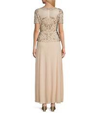 Pisarro Nights Mesh Crew Illusion Neckline Short Sleeve Beaded Bodice Chiffon Dress