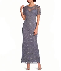 Pisarro Nights Mesh Short Sleeve Beaded Sheath Long Gown