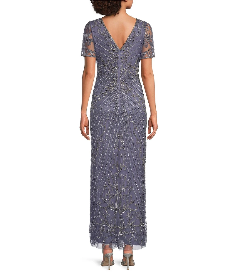Pisarro Nights Mesh Short Sleeve Beaded Sheath Long Gown