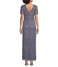 Pisarro Nights Mesh Short Sleeve Beaded Sheath Long Gown