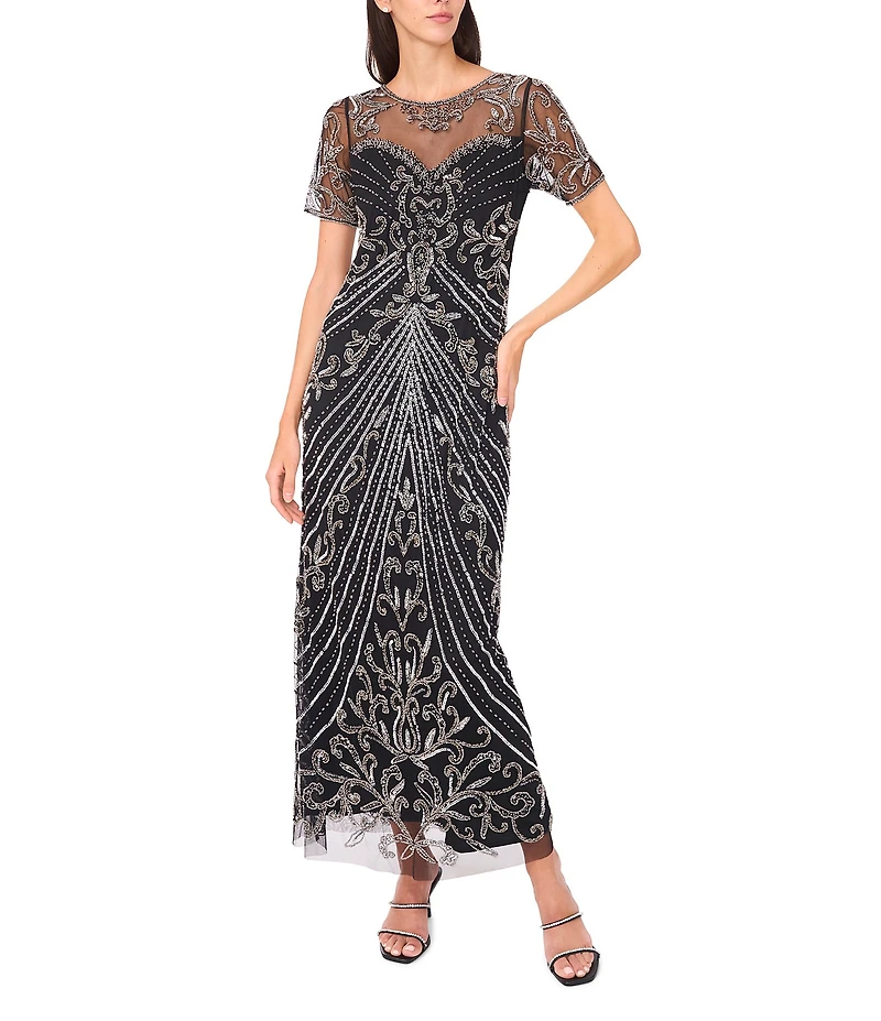 Pisarro Nights Mesh Short Sleeve Beaded Sheath Gown