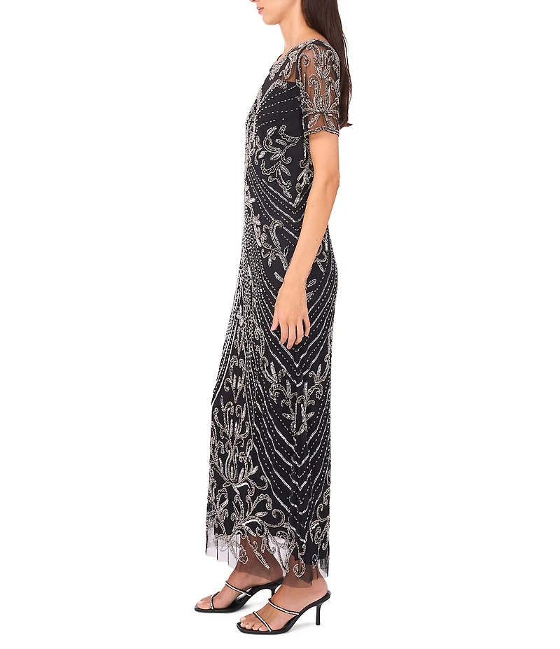 Pisarro Nights Mesh Short Sleeve Beaded Sheath Gown