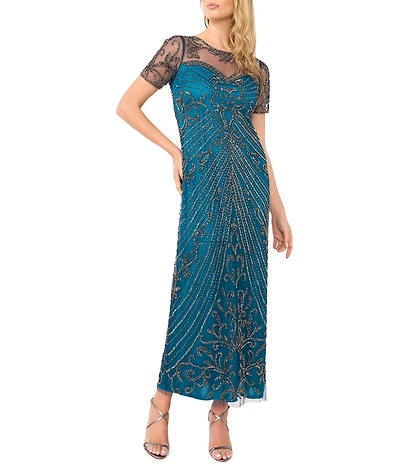 Pisarro Nights Mesh Short Sleeve Beaded Sheath Long Gown