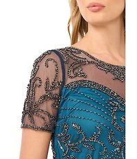 Pisarro Nights Mesh Short Sleeve Beaded Sheath Long Gown