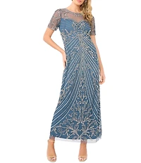 Pisarro Nights Mesh Short Sleeve Beaded Sheath Long Gown