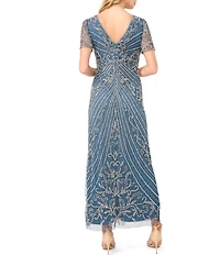 Pisarro Nights Mesh Short Sleeve Beaded Sheath Long Gown