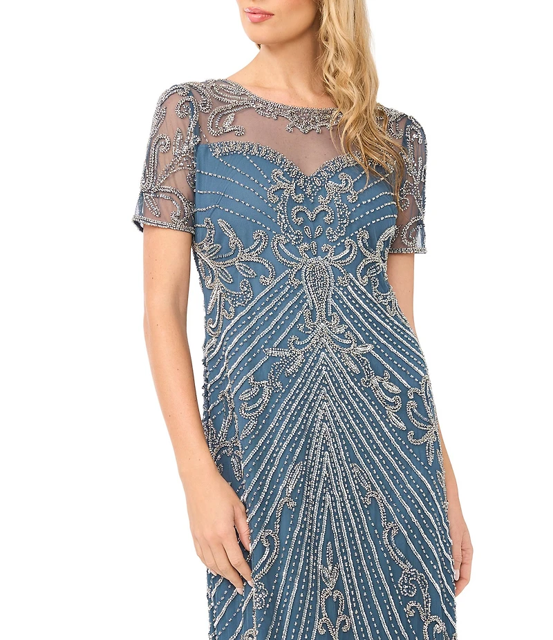 Pisarro Nights Mesh Short Sleeve Beaded Sheath Long Gown