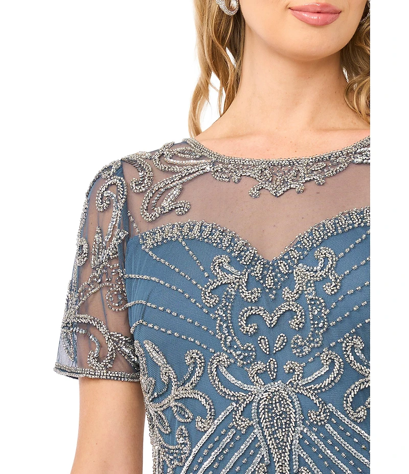 Pisarro Nights Mesh Short Sleeve Beaded Sheath Long Gown