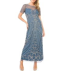 Pisarro Nights Mesh Short Sleeve Beaded Sheath Long Gown