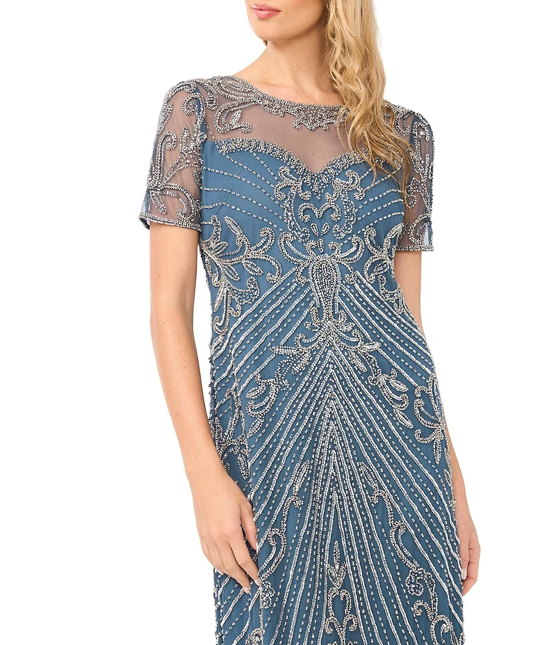 Pisarro Nights Mesh Short Sleeve Beaded Sheath Long Gown