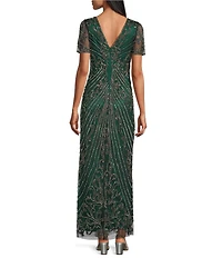 Pisarro Nights Mesh Short Sleeve Beaded Sheath Gown