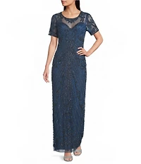 Pisarro Nights Mesh Short Sleeve Beaded Sheath Long Gown