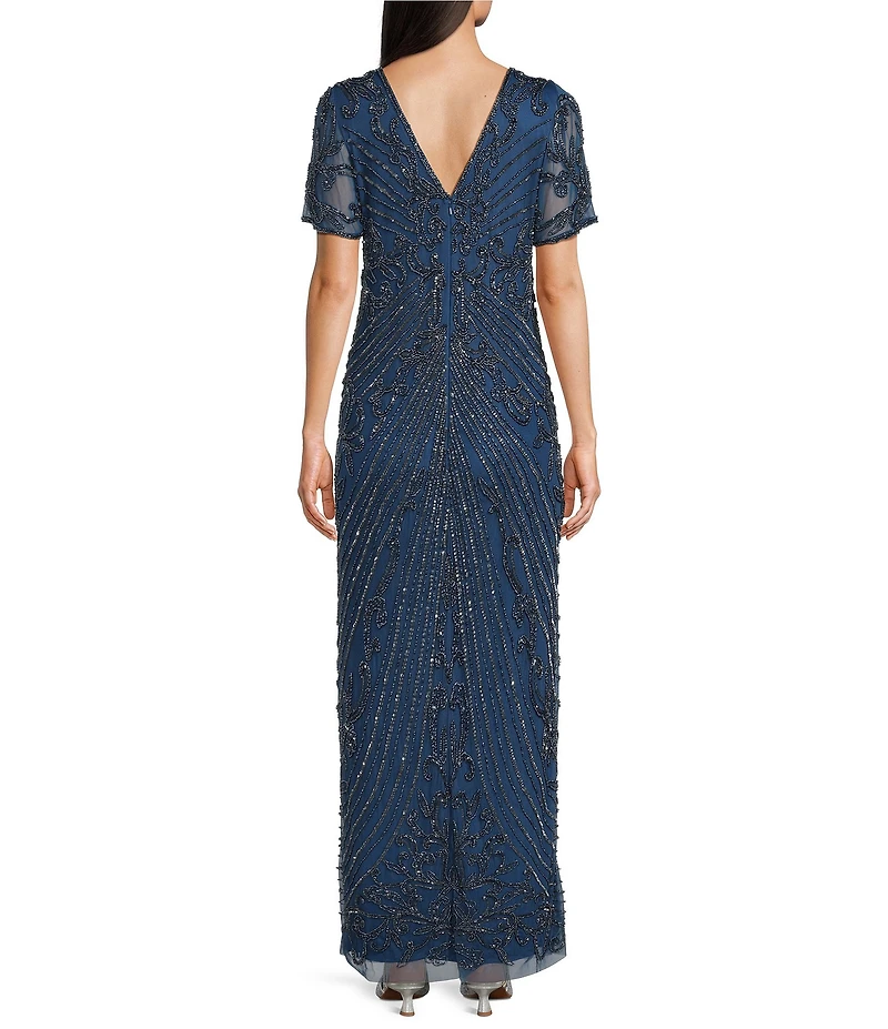 Pisarro Nights Mesh Short Sleeve Beaded Sheath Long Gown