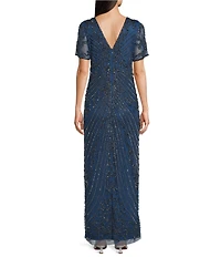 Pisarro Nights Mesh Short Sleeve Beaded Sheath Long Gown