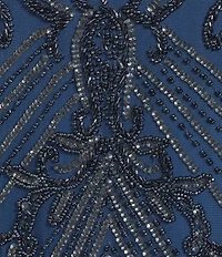 Pisarro Nights Mesh Short Sleeve Beaded Sheath Long Gown