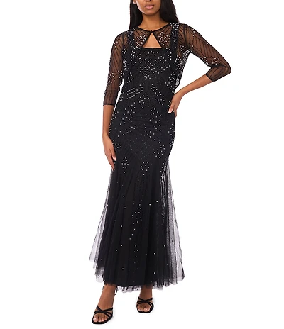 Pisarro Nights Pearl Beaded Mesh Crew Neck 3/4 Sleeve Sheath Jacket Dress